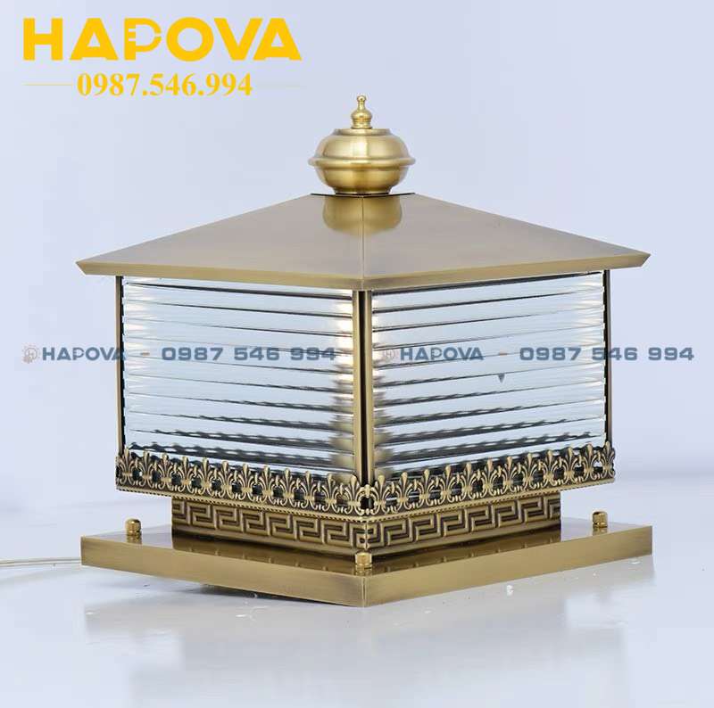 Đèn trụ cổng bằng đồng cao cấp HAPOVA CIES 6035 cỡ 400mm Kèm bóng 9W Vàng